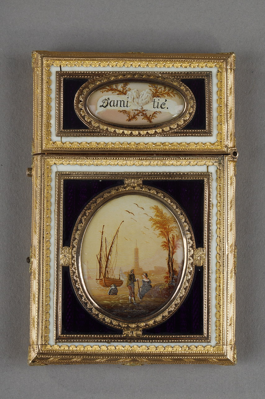 Cage-mounted mother-of-pearl and gold "souvenir d'amitié" case